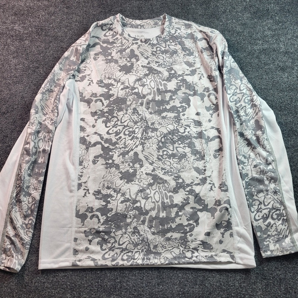 Huk Fishing‎ Long Sleeve Performance Shirt Mens Small Camo Gray White